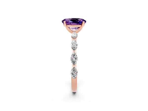 Rose gold Oval Cut Amethyst Ring with Marquise Side Stones and Prong Setting