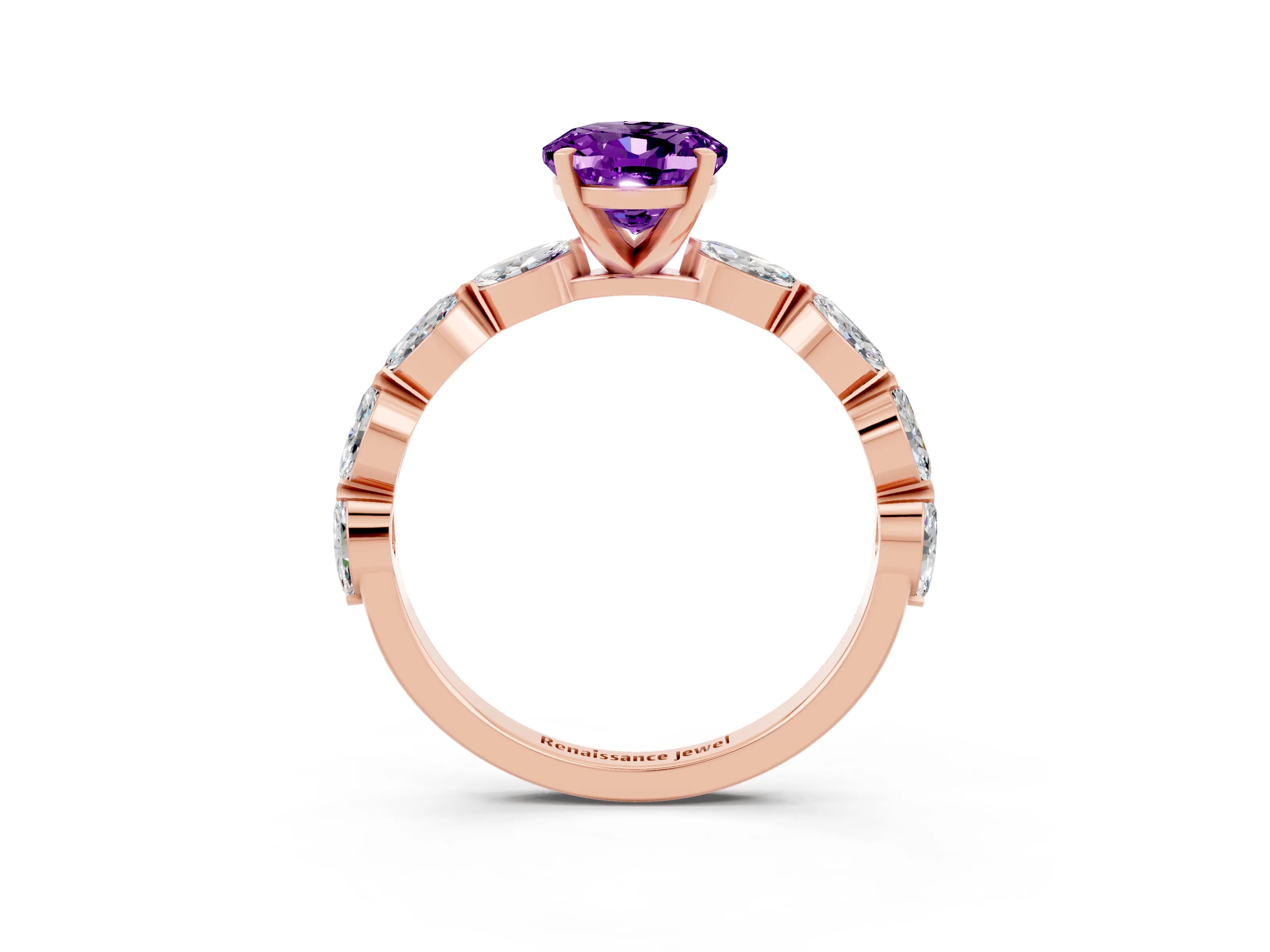 Rose gold Oval Cut Amethyst Ring with Marquise Side Stones and Prong Setting_3
