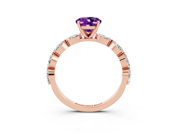 Rose gold Oval Cut Amethyst Ring with Marquise Side Stones and Prong Setting