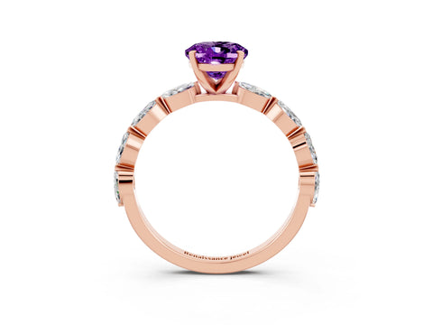 Rose gold Oval Cut Amethyst Ring with Marquise Side Stones and Prong Setting_3