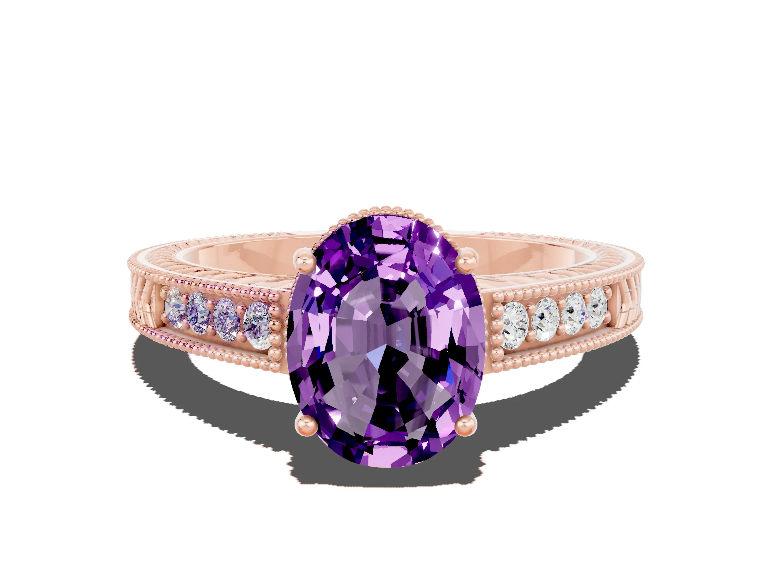 Rose gold Oval Cut Amethyst Ring with Milgrain Pavé Band and Four-Prong Setting_12