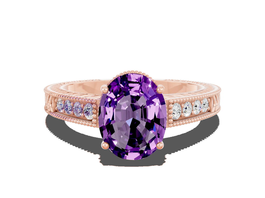 Rose gold Oval Cut Amethyst Ring with Milgrain Pavé Band and Four-Prong Setting_12