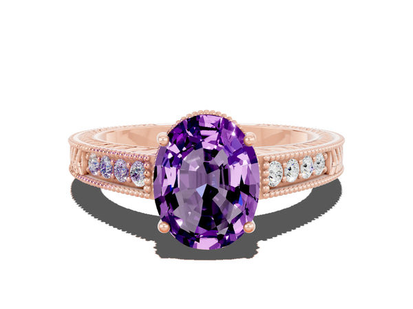 Rose gold Oval Cut Amethyst Ring with Milgrain Pavé Band and Four-Prong Setting