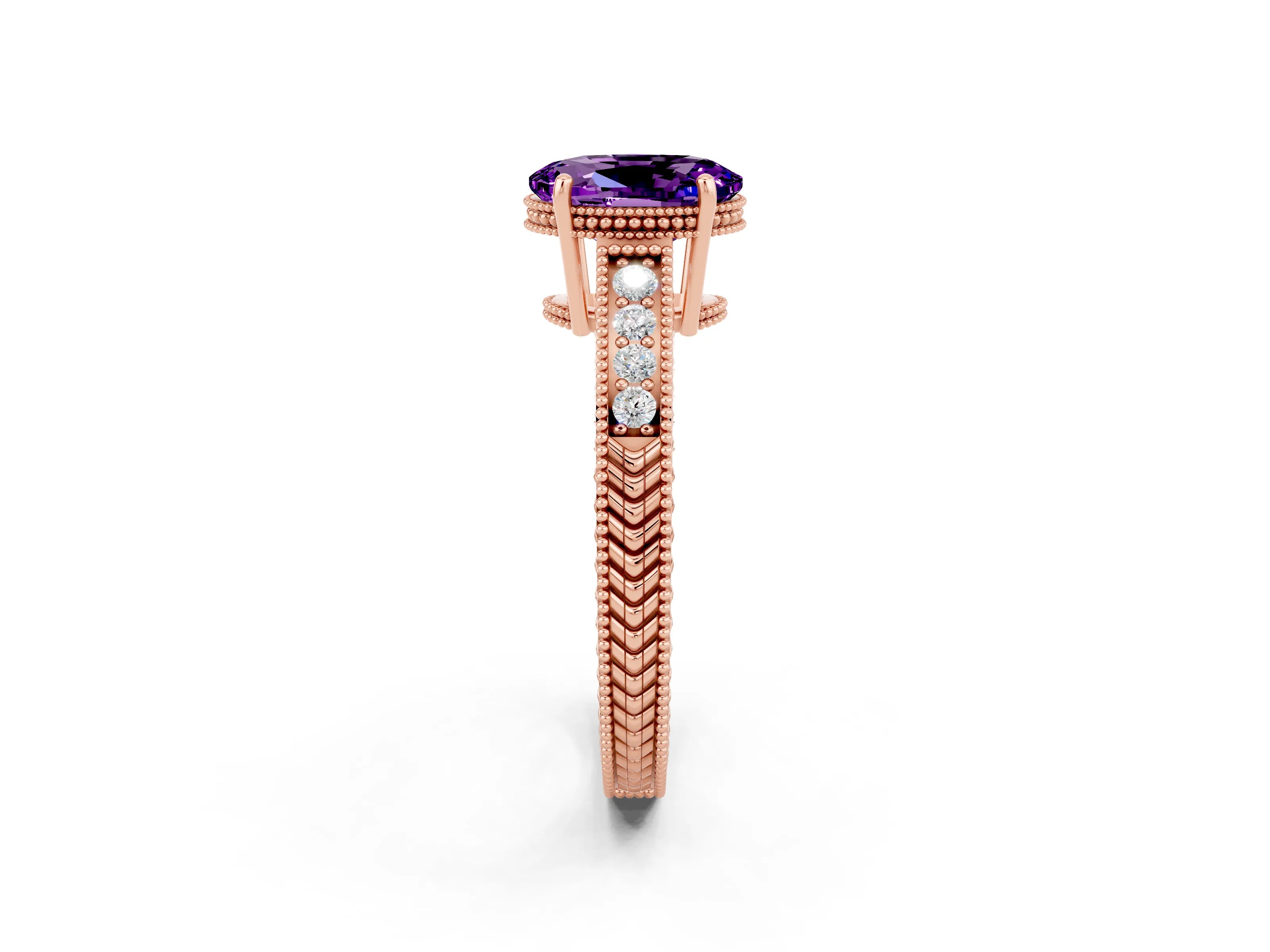 Rose gold Oval Cut Amethyst Ring with Milgrain Pavé Band and Four-Prong Setting_14