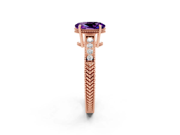 Rose gold Oval Cut Amethyst Ring with Milgrain Pavé Band and Four-Prong Setting