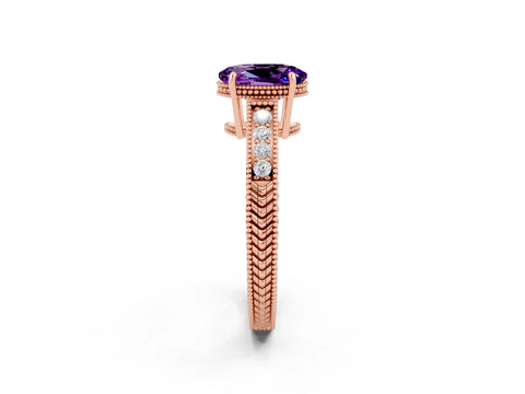 Rose gold Oval Cut Amethyst Ring with Milgrain Pavé Band and Four-Prong Setting_14