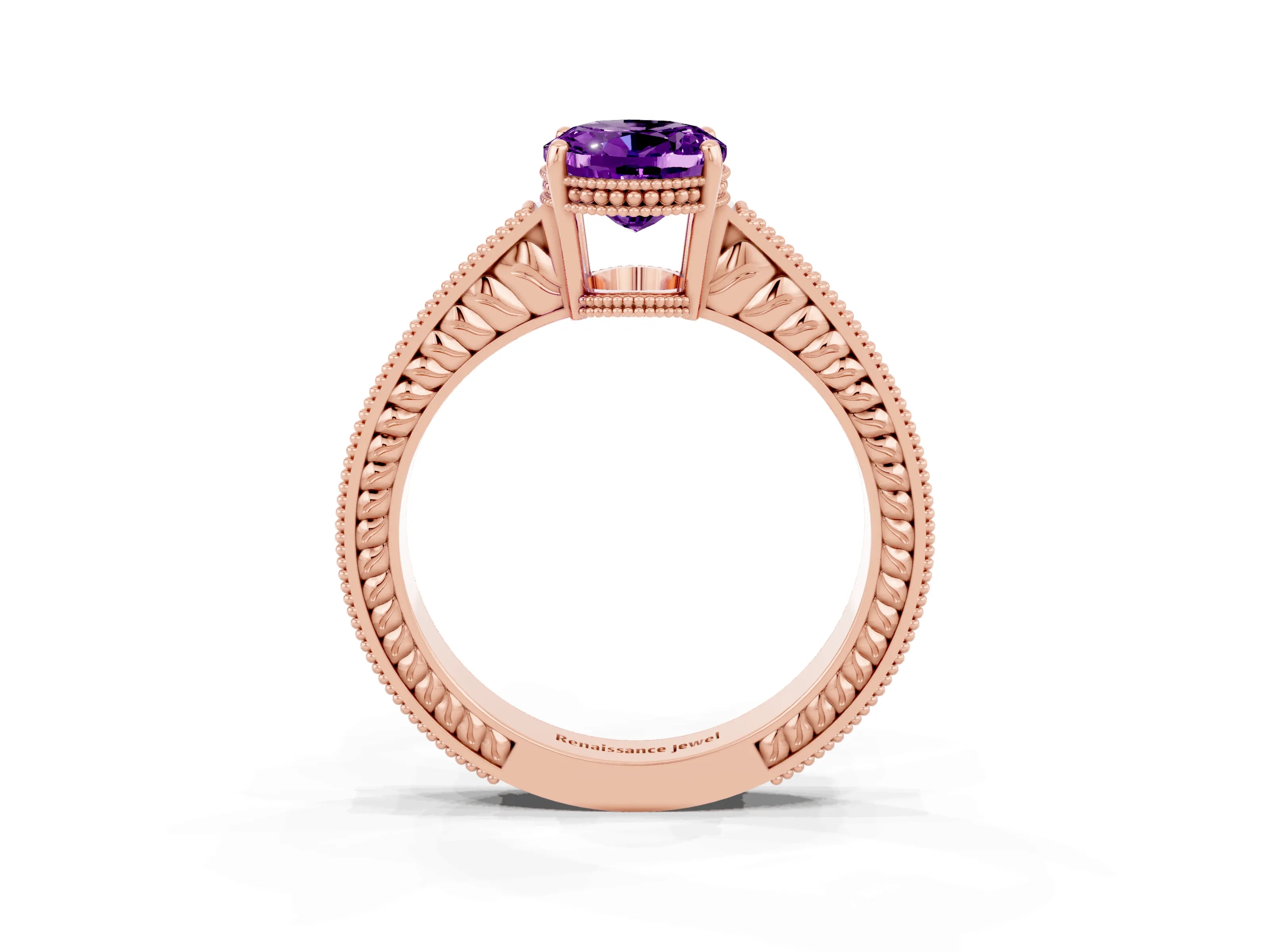 Rose gold Oval Cut Amethyst Ring with Milgrain Pavé Band and Four-Prong Setting_15