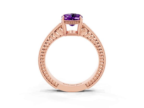 Rose gold Oval Cut Amethyst Ring with Milgrain Pavé Band and Four-Prong Setting
