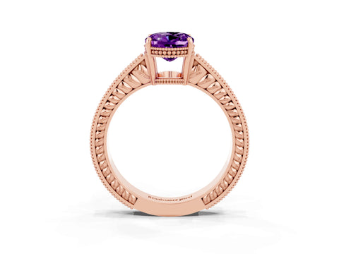 Rose gold Oval Cut Amethyst Ring with Milgrain Pavé Band and Four-Prong Setting_15