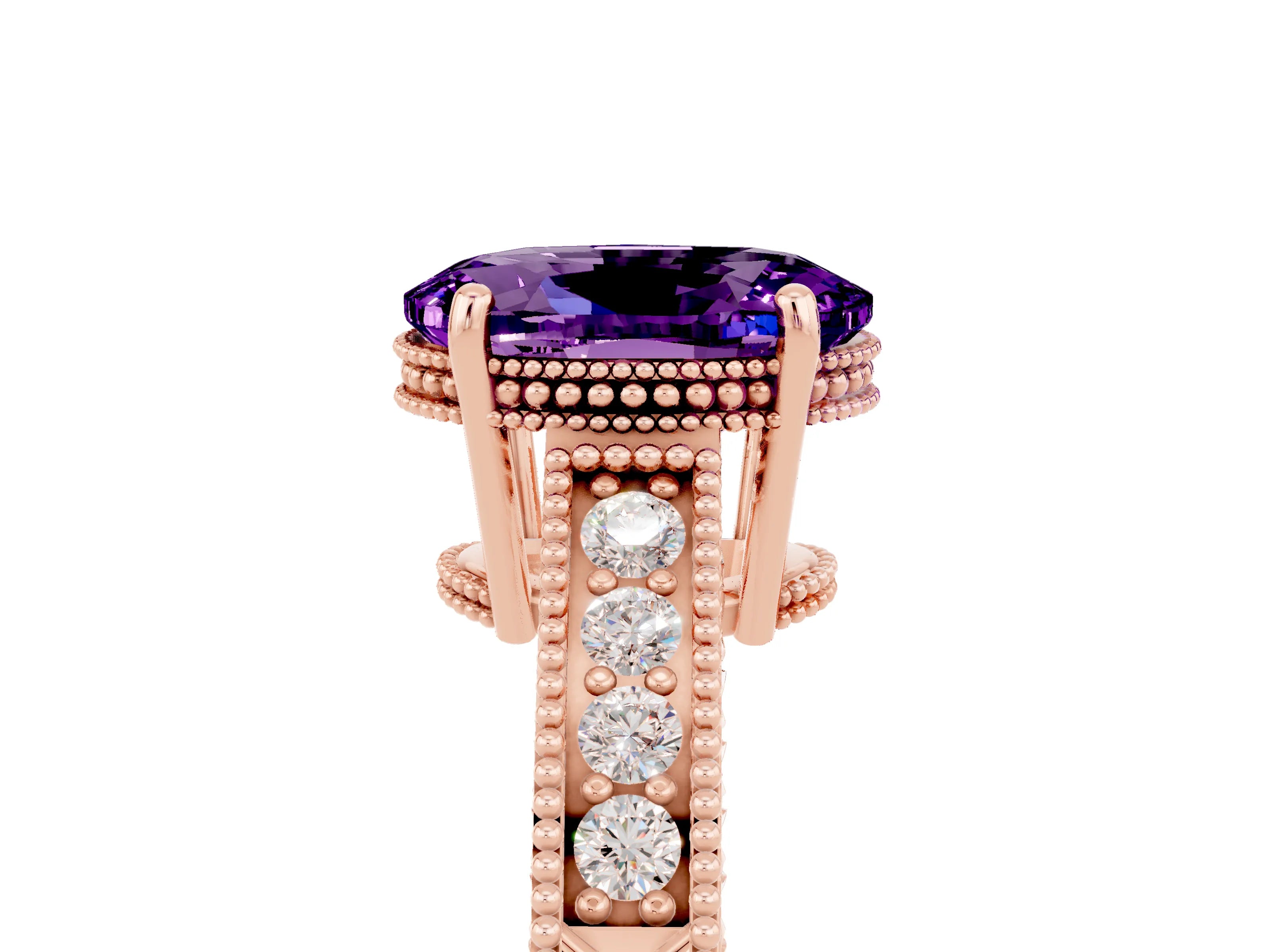 Rose gold Oval Cut Amethyst Ring with Milgrain Pavé Band and Four-Prong Setting_17