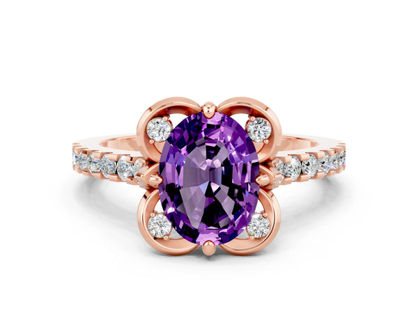 Rose gold Oval Cut Amethyst Ring with Pavé Band and Floral Prong Setting