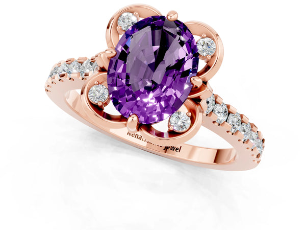Rose gold Oval Cut Amethyst Ring with Pavé Band and Floral Prong Setting