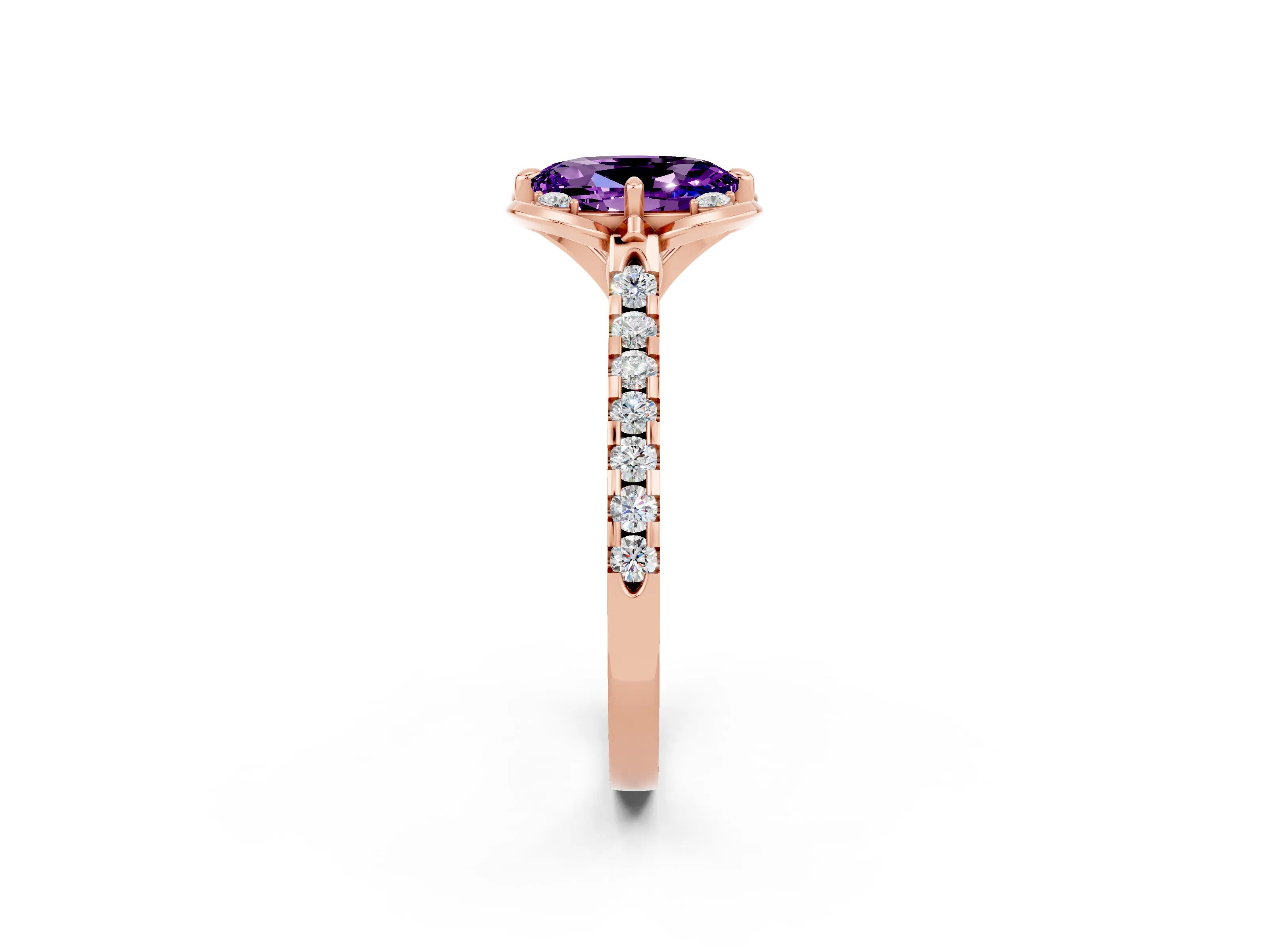 Rose gold Oval Cut Amethyst Ring with Pavé Band and Floral Prong Setting_2