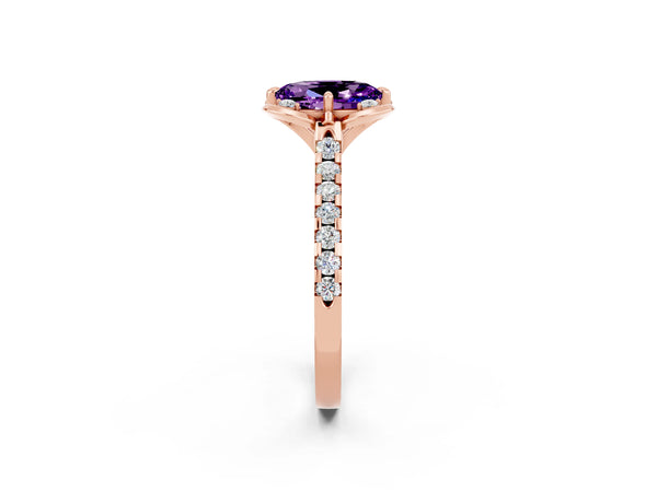 Rose gold Oval Cut Amethyst Ring with Pavé Band and Floral Prong Setting