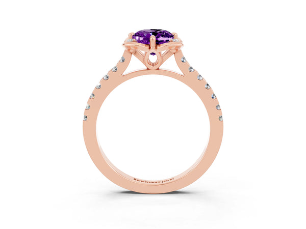 Rose gold Oval Cut Amethyst Ring with Pavé Band and Floral Prong Setting
