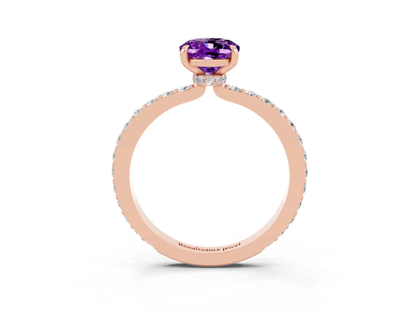 Rose gold Oval Cut Amethyst Pavé Engagement Ring with Round  Accents and Prong Setting