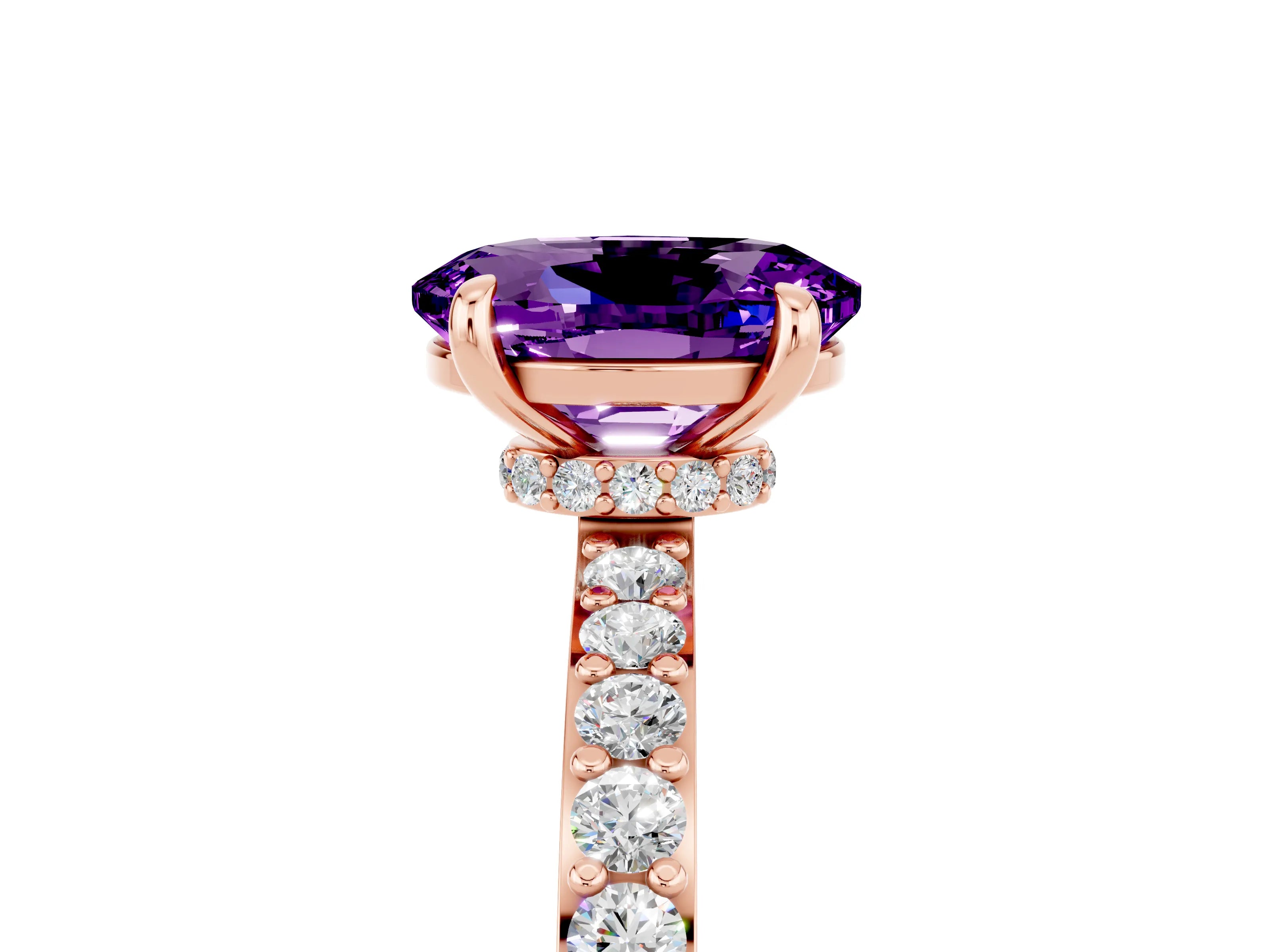 Rose gold Oval Cut Amethyst Ring with Pavé Band and Four-Prong Setting_5