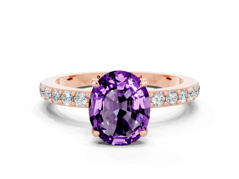 Rose gold Oval Cut Amethyst Ring with Pavé Band and Four-Prong Setting