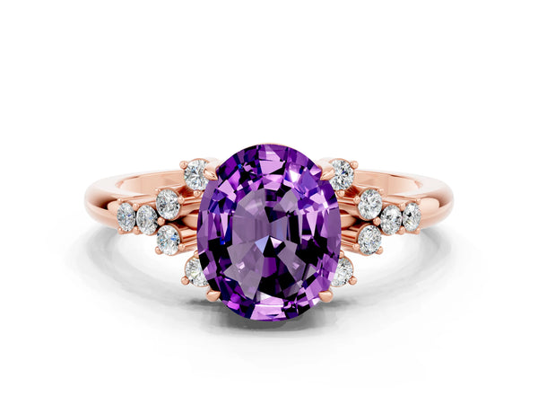 Rose gold Oval Cut Amethyst Ring with Side Stones and Four-Prong Setting