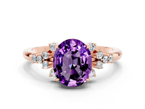Rose gold Oval Cut Amethyst Ring with Side Stones and Four-Prong Setting_72