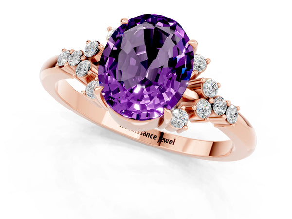 Rose gold Oval Cut Amethyst Ring with Side Stones and Four-Prong Setting