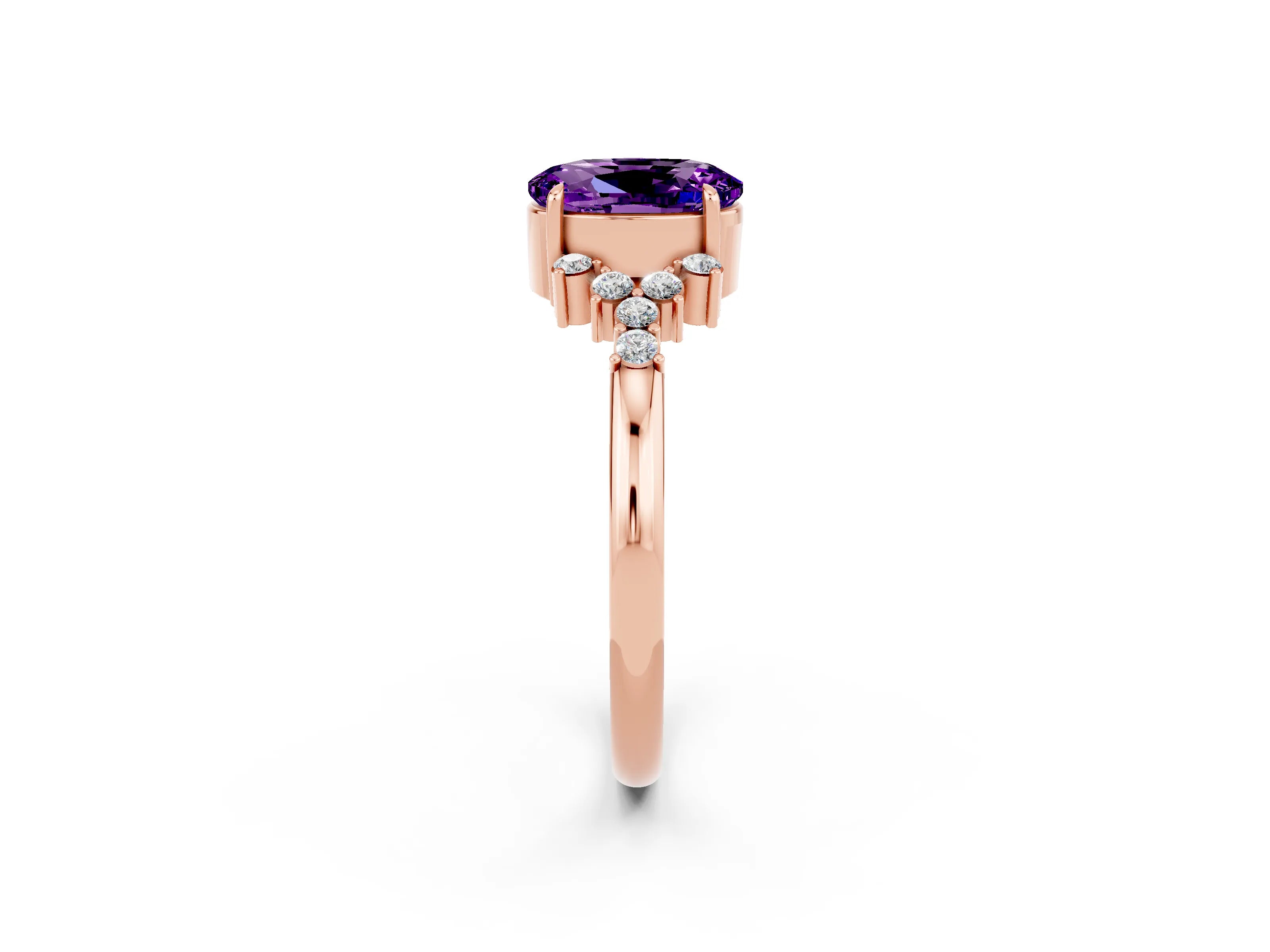 Rose gold Oval Cut Amethyst Ring with Side Stones and Four-Prong Setting_74