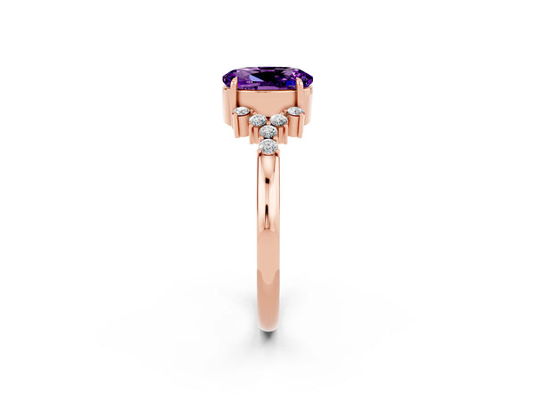 Rose gold Oval Cut Amethyst Ring with Side Stones and Four-Prong Setting