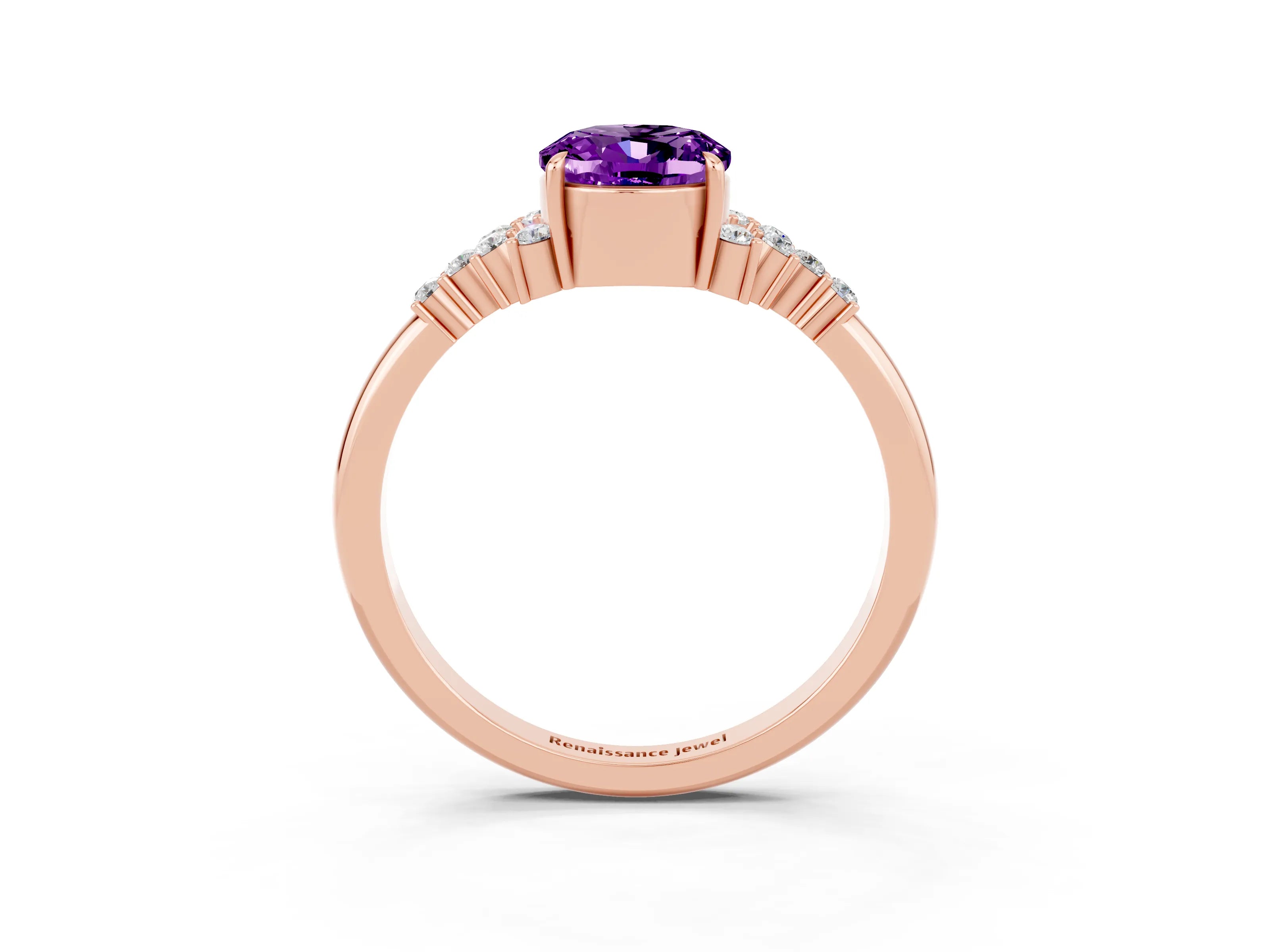 Rose gold Oval Cut Amethyst Ring with Side Stones and Four-Prong Setting_75