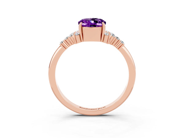 Rose gold Oval Cut Amethyst Ring with Side Stones and Four-Prong Setting