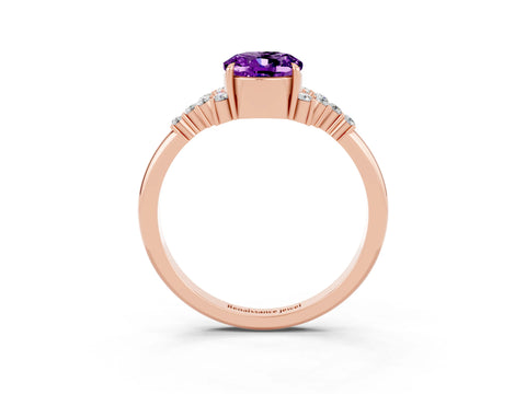 Rose gold Oval Cut Amethyst Ring with Side Stones and Four-Prong Setting_75