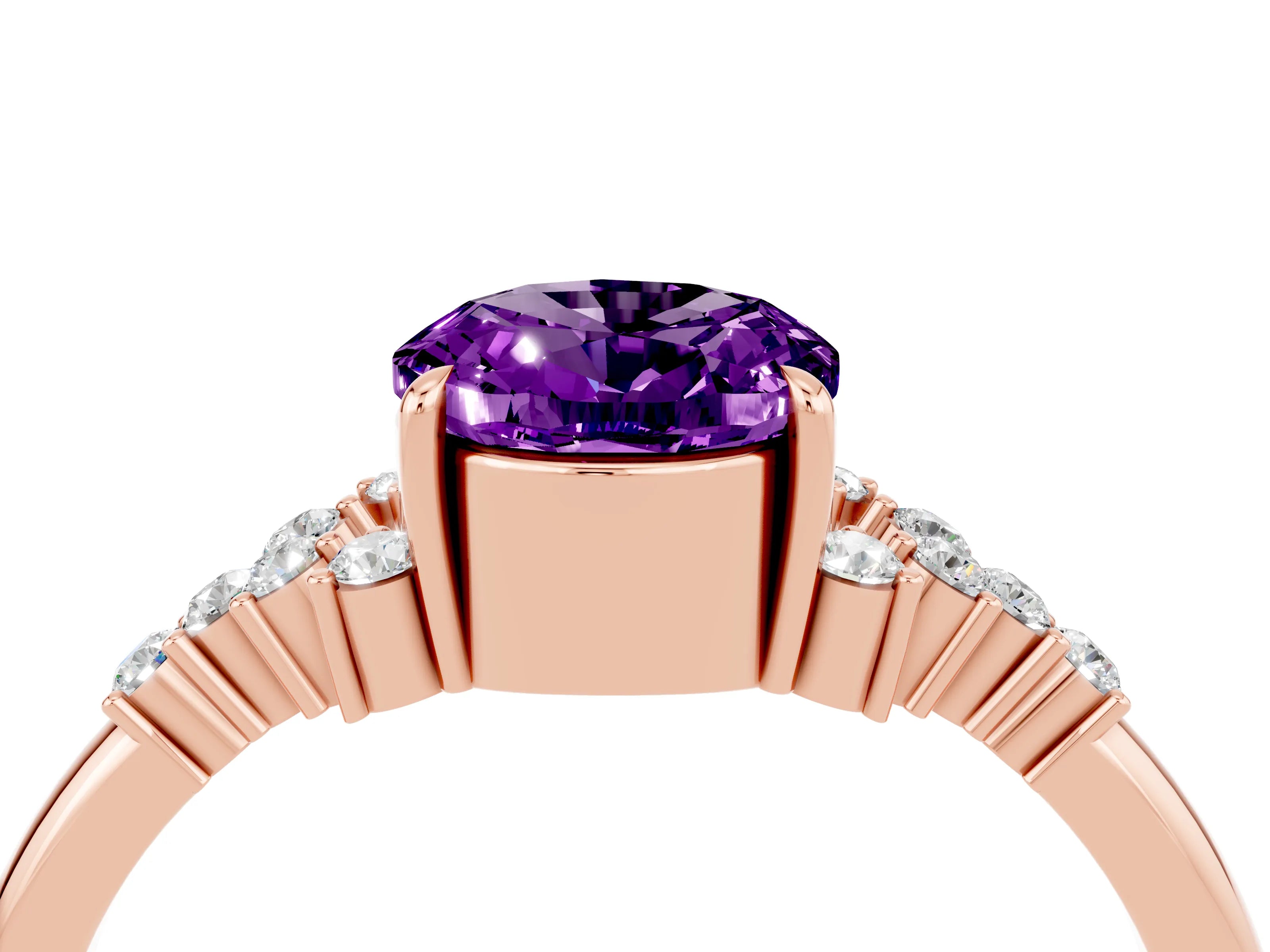 Rose gold Oval Cut Amethyst Ring with Side Stones and Four-Prong Setting_76
