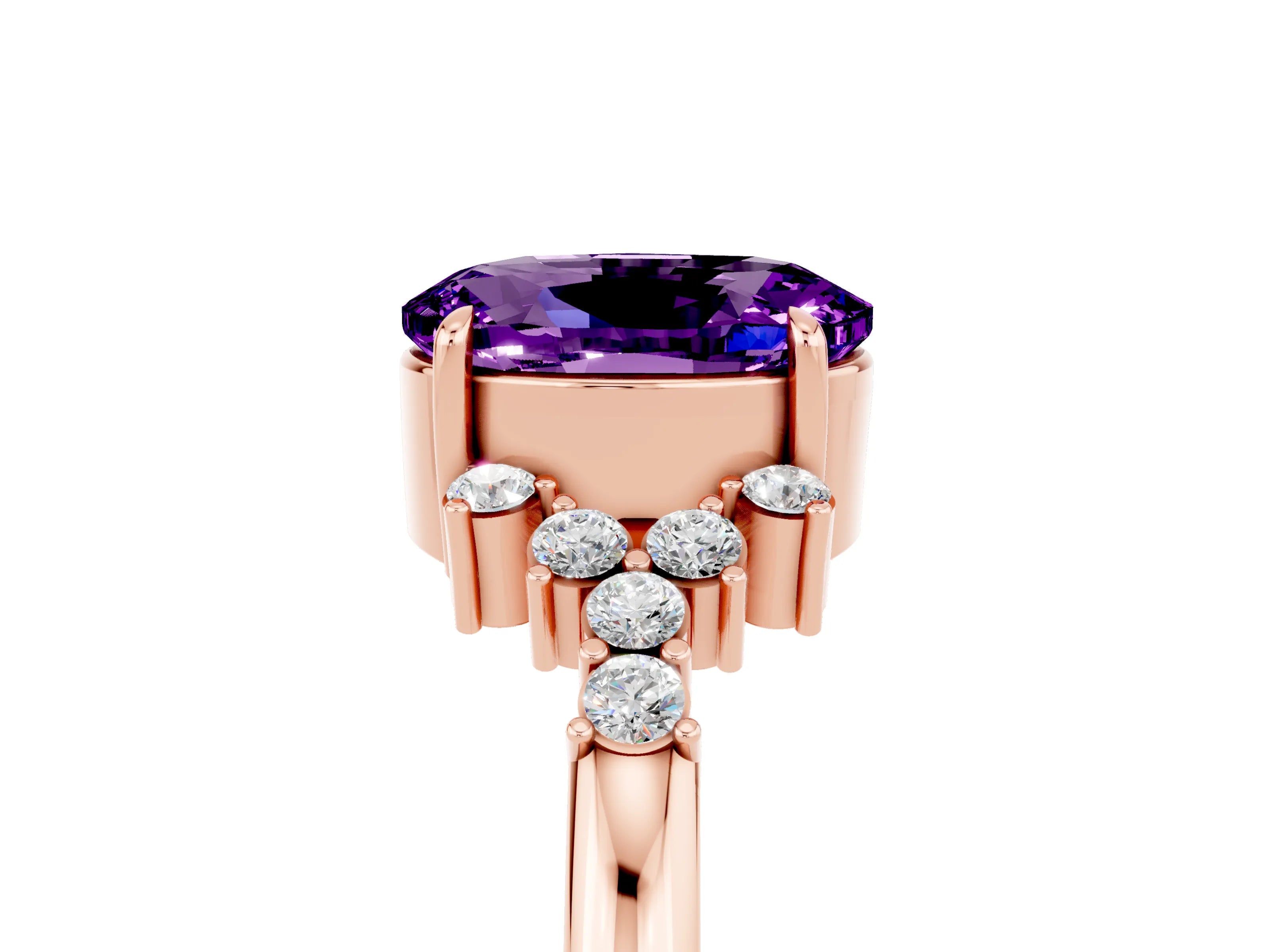Rose gold Oval Cut Amethyst Ring with Side Stones and Four-Prong Setting_77