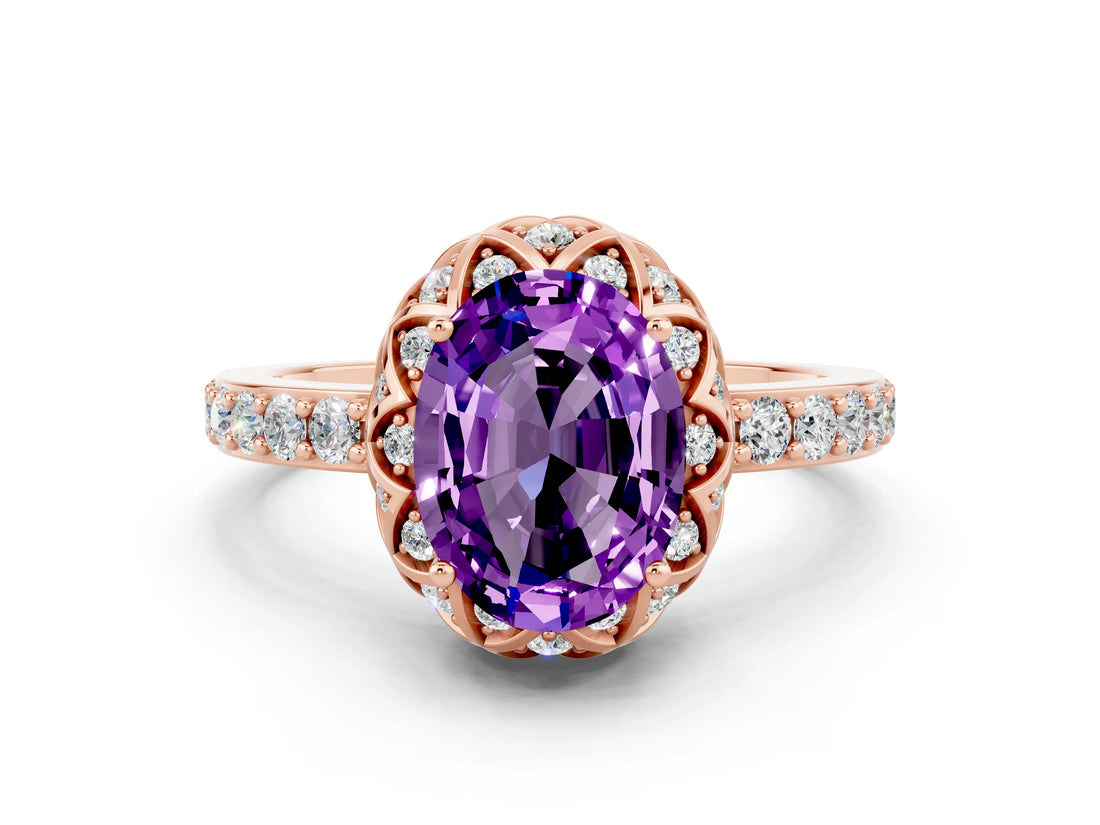 Rose gold Oval Cut Amethyst Scalloped Halo Engagement Ring with Round Shared Prong Band_12
