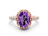 Rose gold Oval Cut Amethyst Scalloped Halo Engagement Ring with Round Shared Prong Band_12