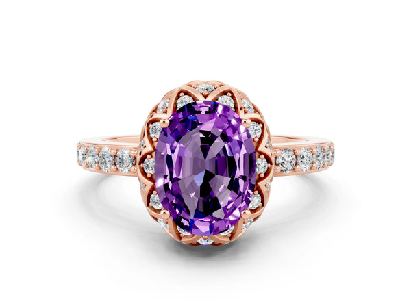 Rose gold Oval Cut Amethyst Scalloped Halo Engagement Ring with Round Shared Prong Band