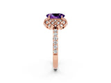 Rose gold Oval Cut Amethyst Scalloped Halo Engagement Ring with Round Shared Prong Band_14