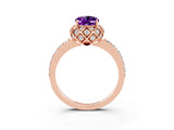 Rose gold Oval Cut Amethyst Scalloped Halo Engagement Ring with Round Shared Prong Band_15
