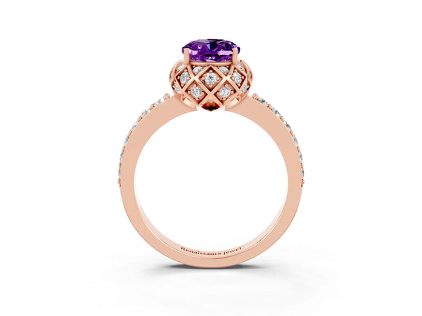 Rose gold Oval Cut Amethyst Scalloped Halo Engagement Ring with Round Shared Prong Band