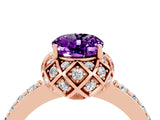 Rose gold Oval Cut Amethyst Scalloped Halo Engagement Ring with Round Shared Prong Band_16