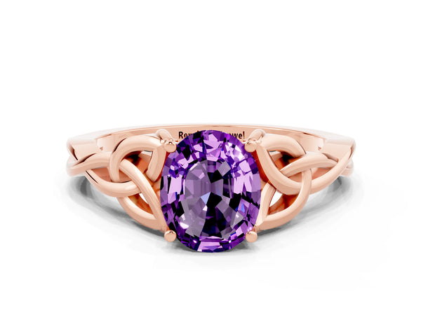 Rose gold Oval Cut Amethyst Solitaire Celtic Knot Ring with Four-Prong Setting