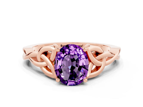 Rose gold Oval Cut Amethyst Solitaire Celtic Knot Ring with Four-Prong Setting_12