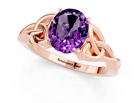 Rose gold Oval Cut Amethyst Solitaire Celtic Knot Ring with Four-Prong Setting_13