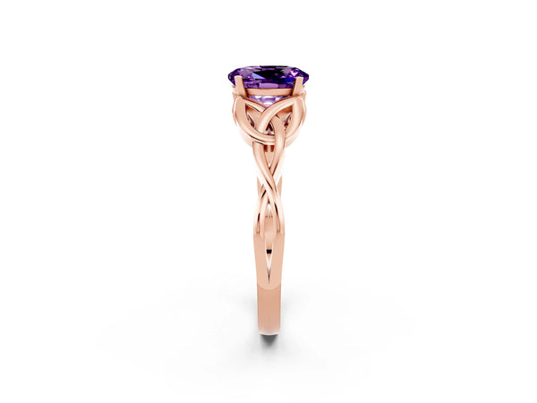 Rose gold Oval Cut Amethyst Solitaire Celtic Knot Ring with Four-Prong Setting