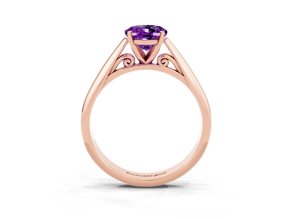 Rose gold Oval Cut Amethyst Solitaire Engagement Ring with Cathedral Setting and Four-Prong Mount