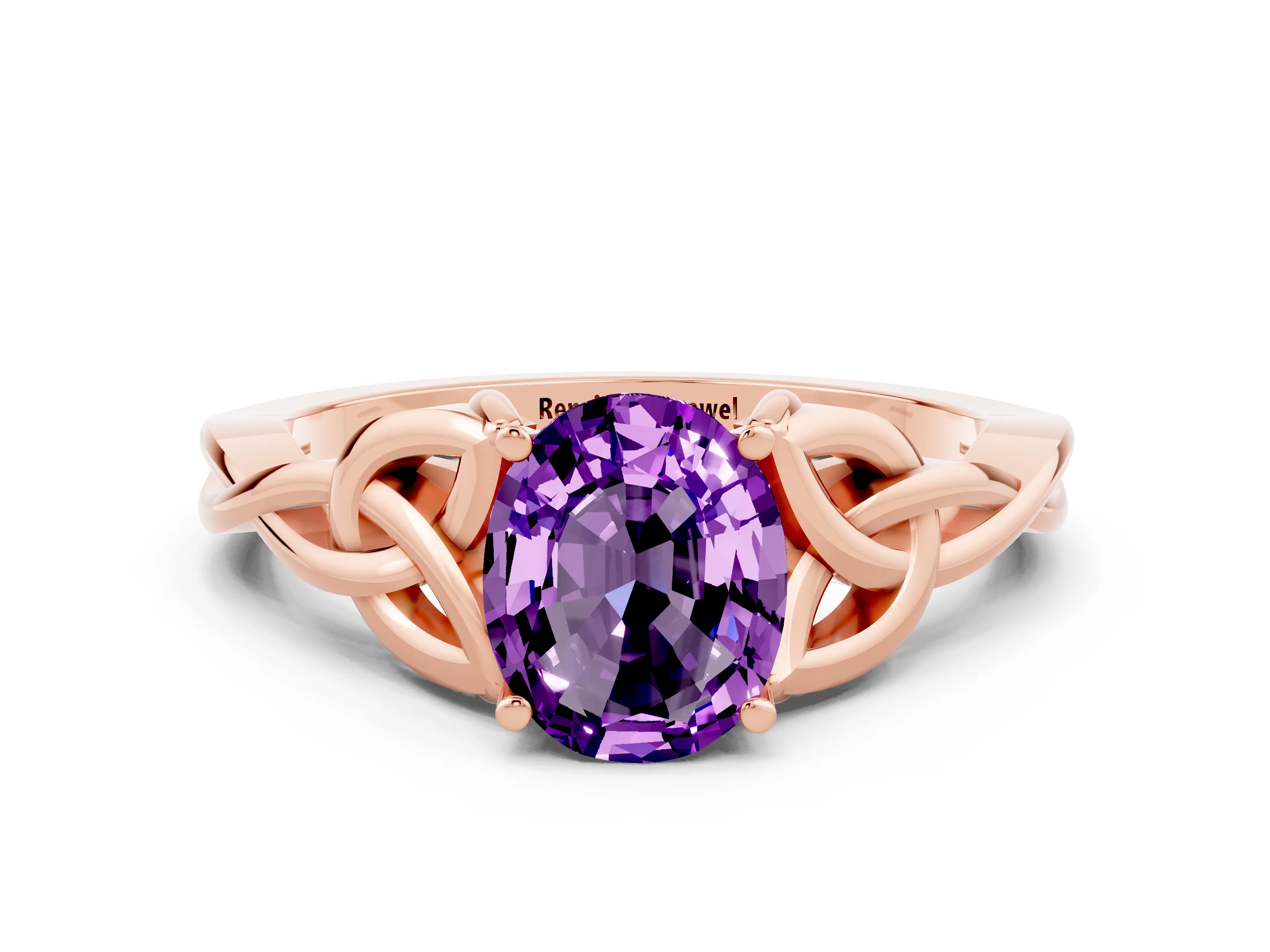 Rose gold Oval Cut Amethyst Solitaire Engagement Ring with Celtic Knot Band and Four-Prong Setting