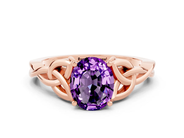 Rose gold Oval Cut Amethyst Solitaire Engagement Ring with Celtic Knot Band and Four-Prong Setting