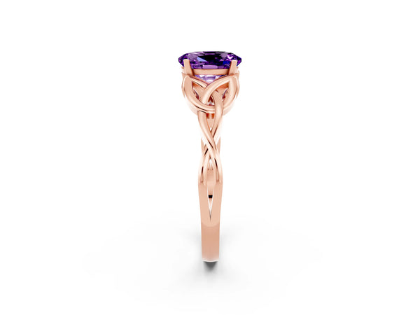 Rose gold Oval Cut Amethyst Solitaire Engagement Ring with Celtic Knot Band and Four-Prong Setting
