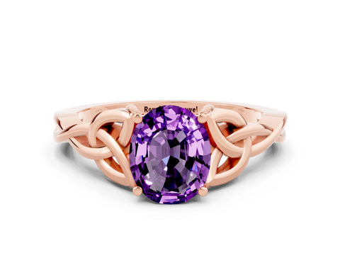 Rose gold Oval Cut Amethyst Solitaire Engagement Ring with Celtic Knot Band and Four-Prong Setting