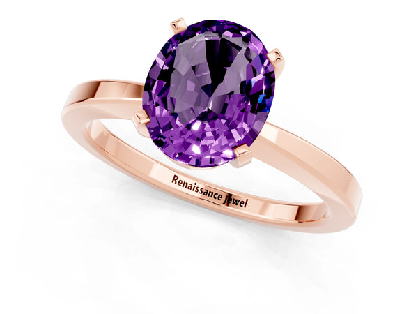 Rose gold Oval Cut Amethyst Solitaire Engagement Ring with Classic Band and Four-Prong Setting