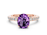 Rose gold Oval Cut Amethyst Solitaire Engagement Ring with Pavé Band and Four-Prong Setting